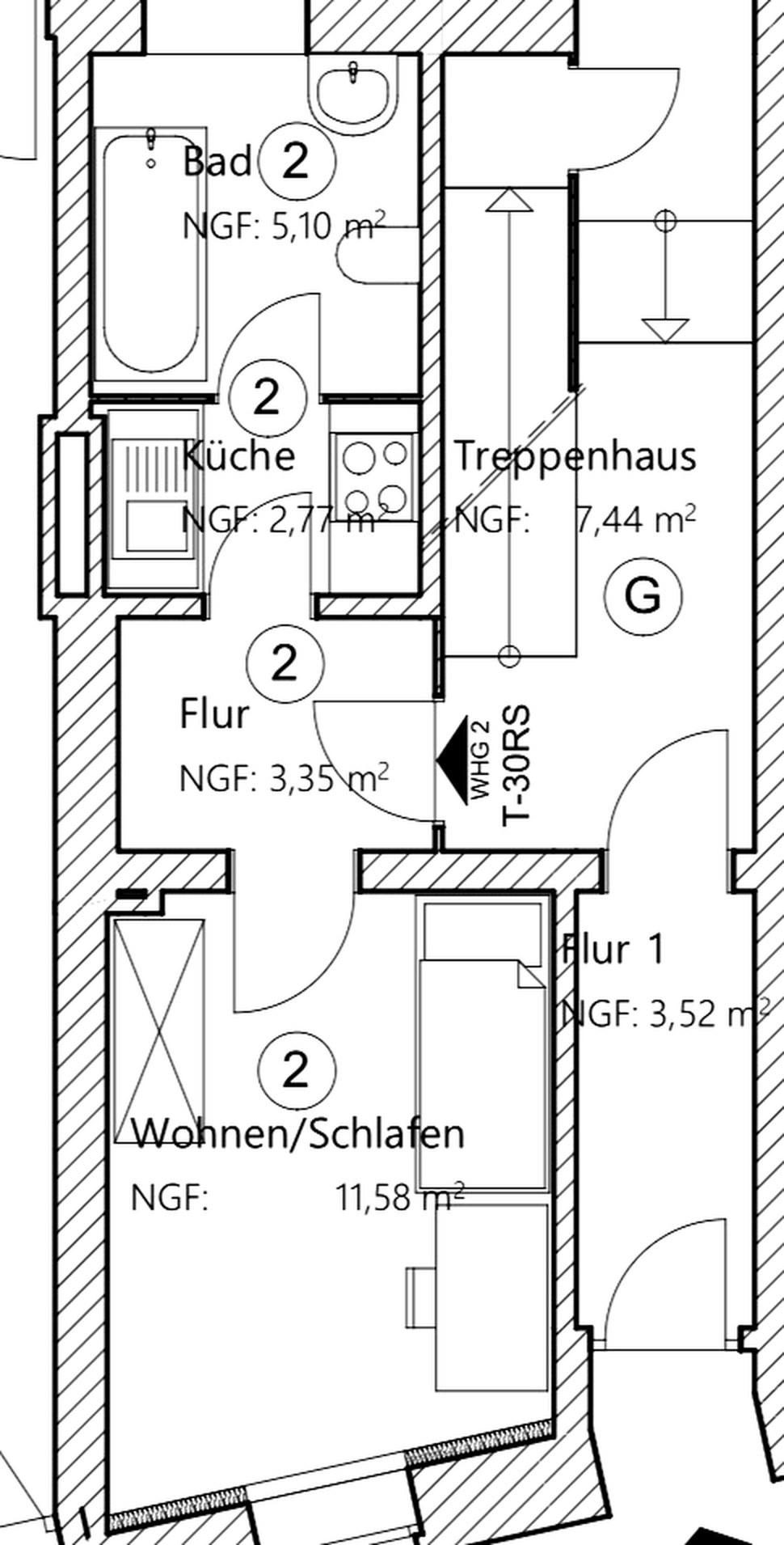 Grundriss der Wohnung 2 im Erdgeschoss: Wohnen und Schlafen mit 11,58 Quadratmetern, Küche mit 2,77, Bad mit 5,10 und Flur mit 3,35 Quadratmetern