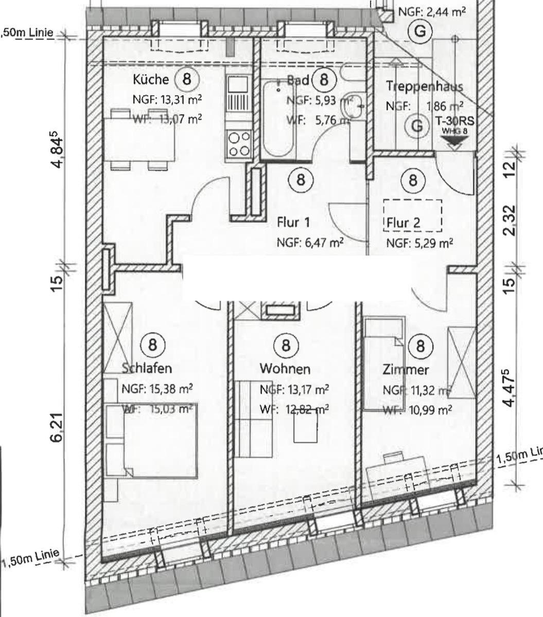 Grundriss der Wohnung 8 im Dachgeschoss: Küche mit 13,31 Quadratmetern, Bad mit 5,93, Schlafen mit 15,38, Wohnen mit 13,17, ein weiteres Zimmer mit 11,32 und zwei Flure